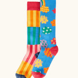 Frugi GOTS organic cotton 2 pack of socks features bright striped design and a blue with repeating colourful clouds design sock