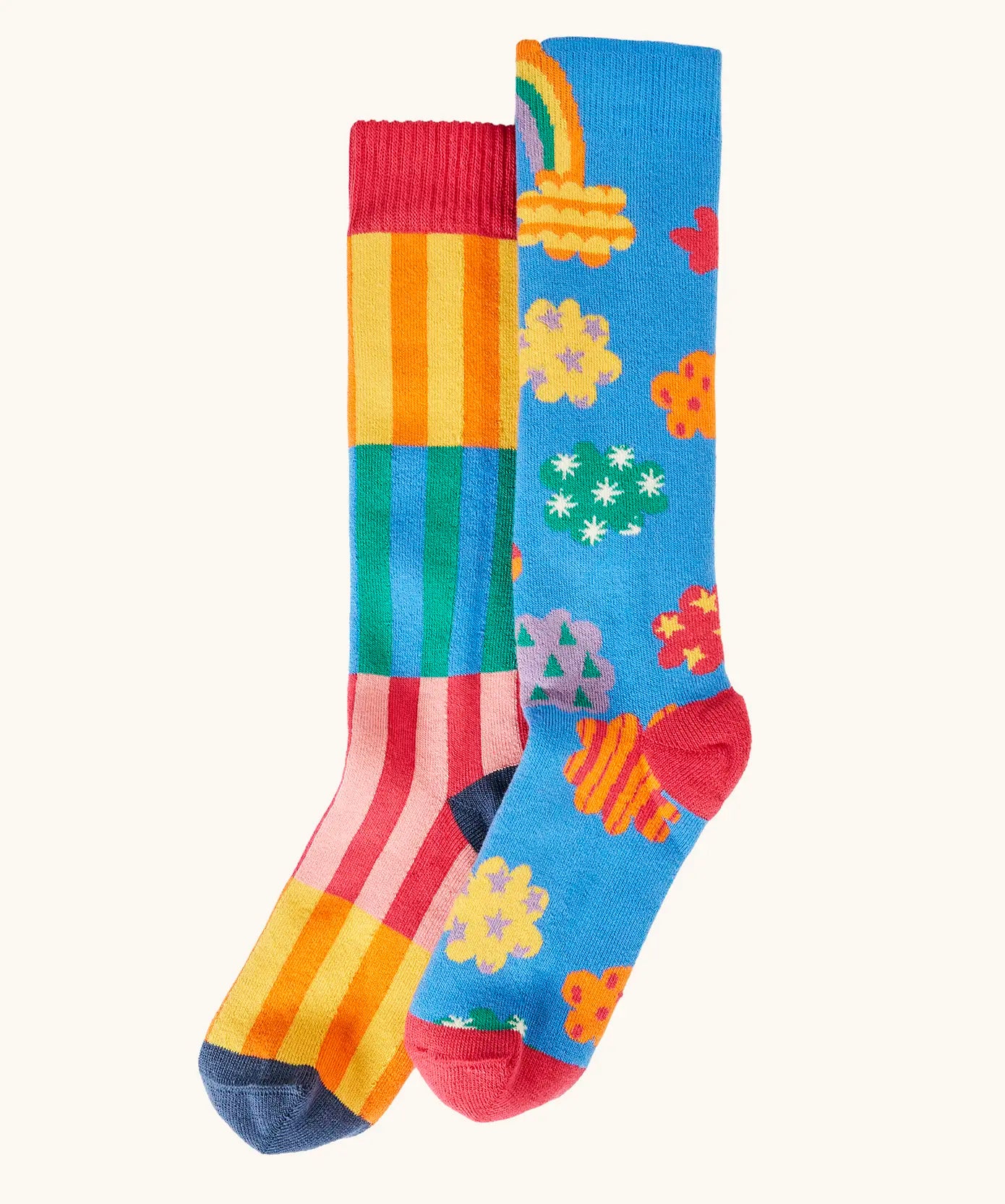 Frugi GOTS organic cotton 2 pack of socks features bright striped design and a blue with repeating colourful clouds design sock