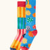 Frugi GOTS organic cotton 2 pack of socks features bright striped design and a blue with repeating colourful clouds design sock