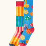 Frugi GOTS organic cotton 2 pack of socks features bright striped design and a blue with repeating colourful clouds design sock