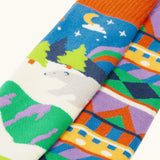 Frugi GOTS organic cotton 2 pack of socks laid flat showing a winter inspired fairisle design and a polar scene design sock