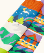 Frugi GOTS organic cotton 2 pack of socks laid flat showing a winter inspired fairisle design and a polar scene design sock