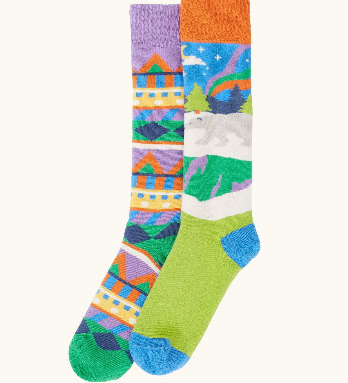Frugi GOTS organic cotton 2 pack of socks features a winter inspired fairisle design and a polar scene design sock