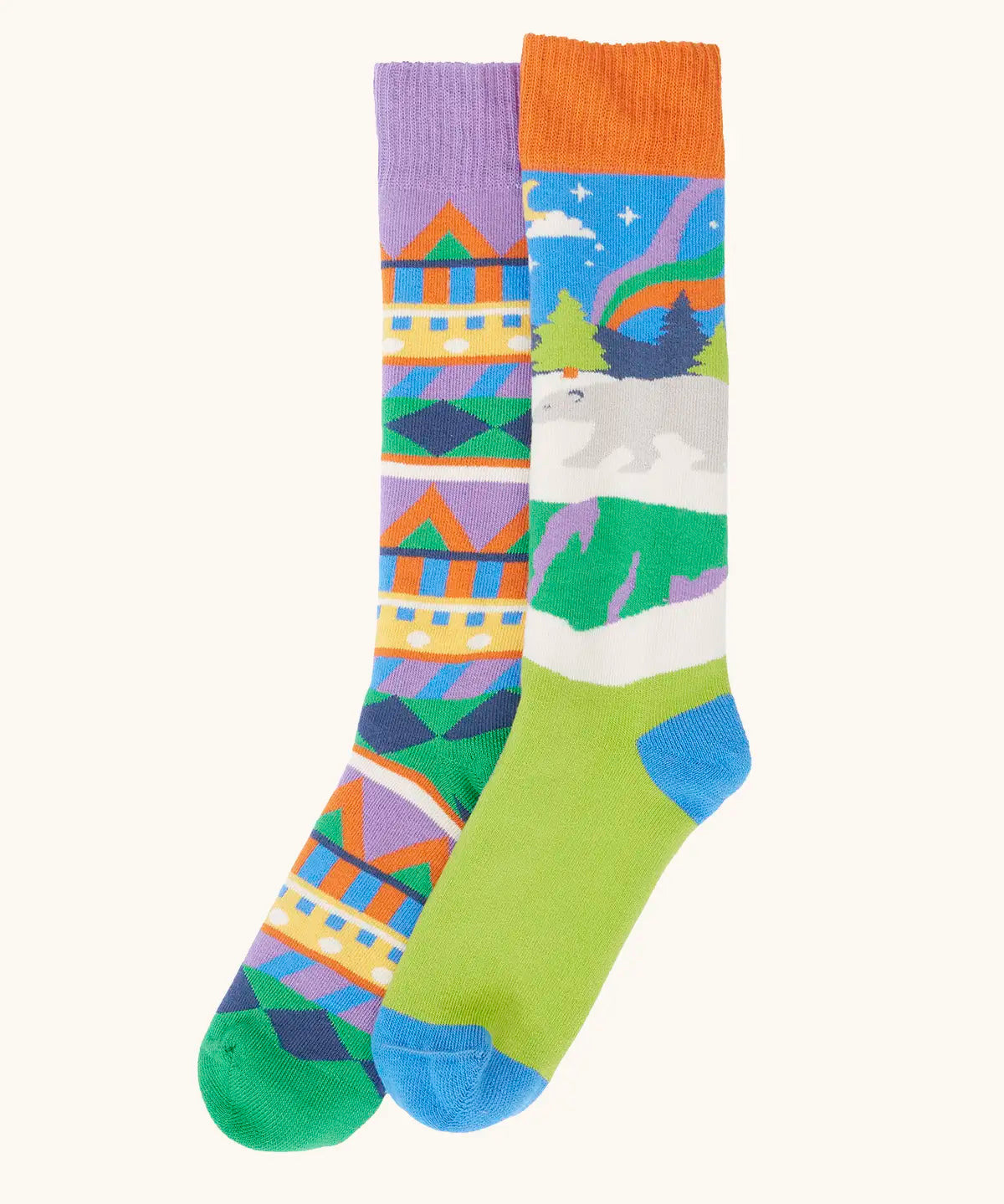 Frugi GOTS organic cotton 2 pack of socks features a winter inspired fairisle design and a polar scene design sock