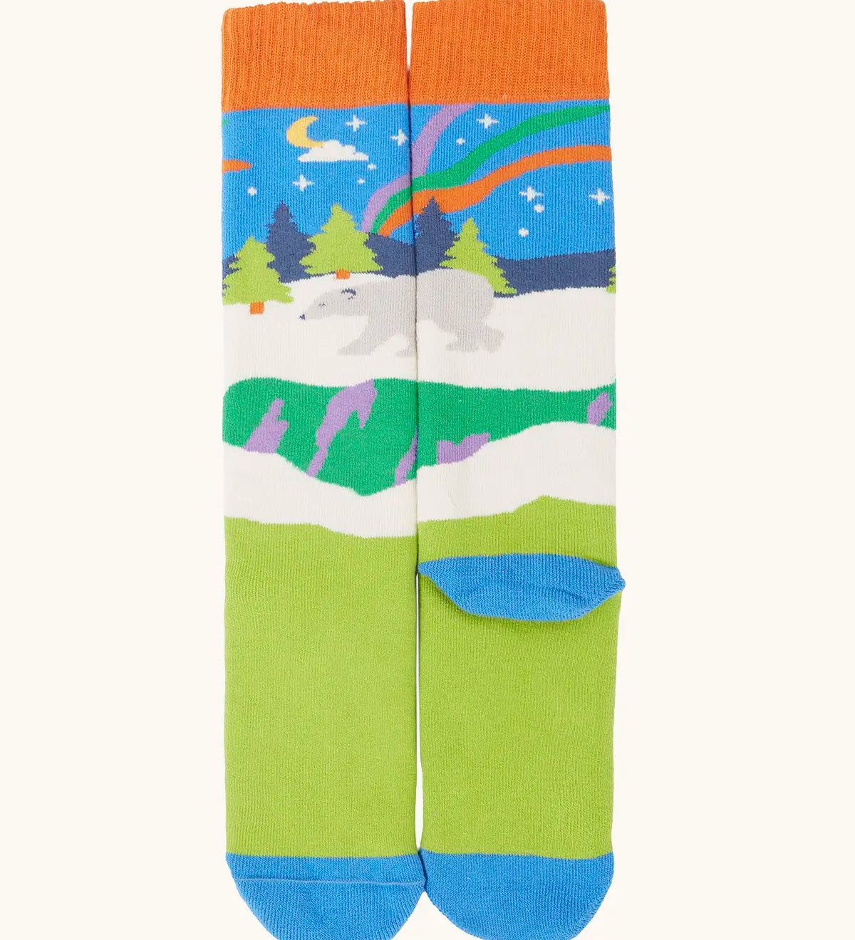 Frugi GOTS organic cotton socks showing winter scene design, blue heel and toe panel and orange ankle cuff