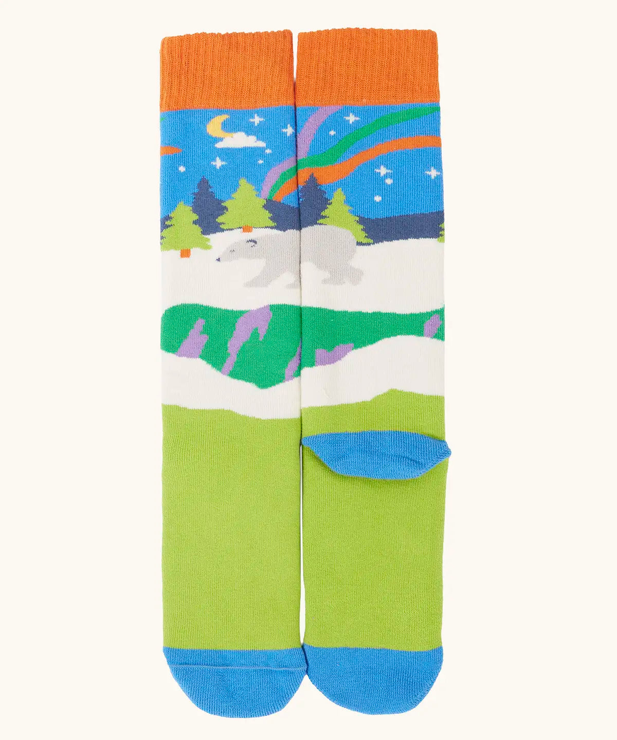 Frugi GOTS organic cotton socks showing winter scene design, blue heel and toe panel and orange ankle cuff