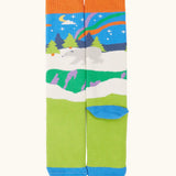 Frugi GOTS organic cotton socks showing winter scene design, blue heel and toe panel and orange ankle cuff