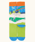 Frugi GOTS organic cotton socks showing winter scene design, blue heel and toe panel and orange ankle cuff