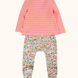 Back of Frugi's 100% GOTS organic cotton all in one baby outfit showing the pink and orange striped long sleeve top and floral bottoms