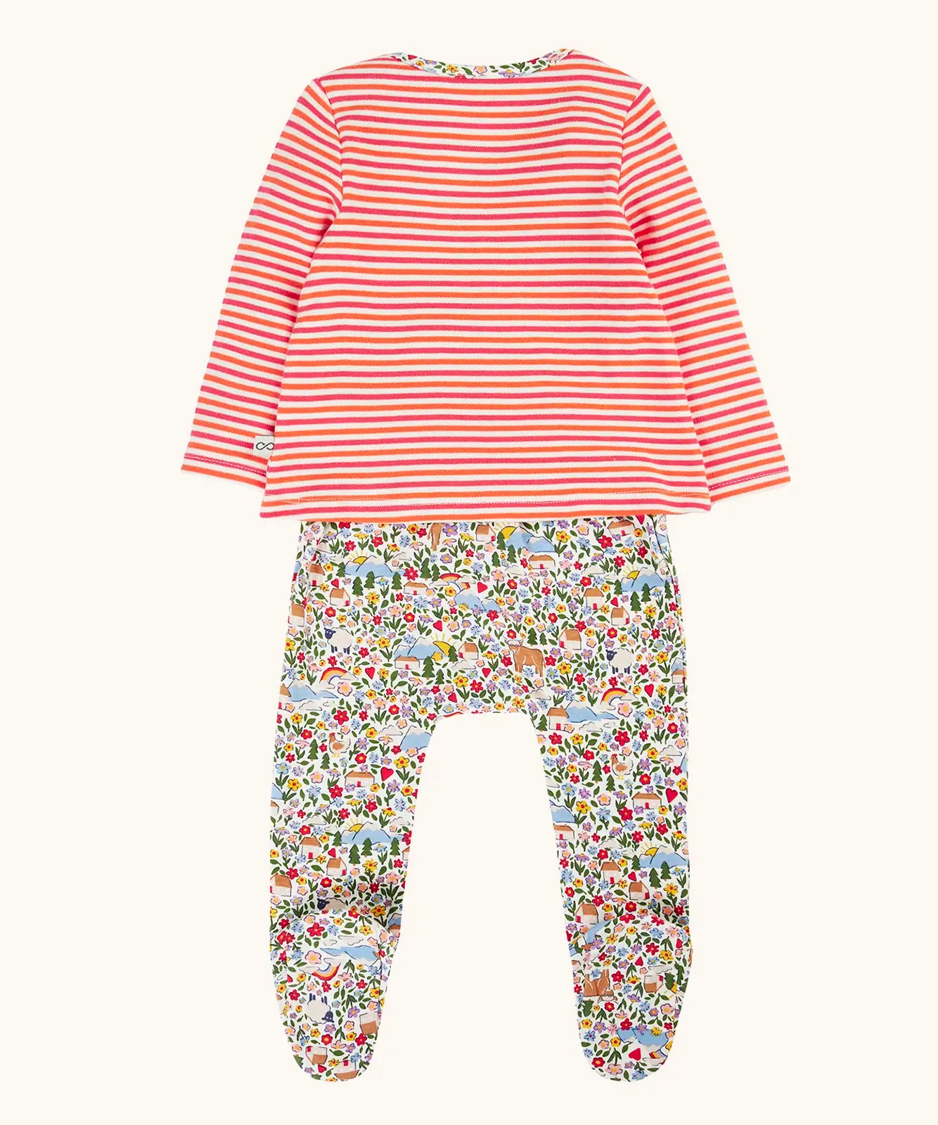 Back of Frugi's 100% GOTS organic cotton all in one baby outfit showing the pink and orange striped long sleeve top and floral bottoms
