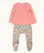 Back of Frugi's 100% GOTS organic cotton all in one baby outfit showing the pink and orange striped long sleeve top and floral bottoms