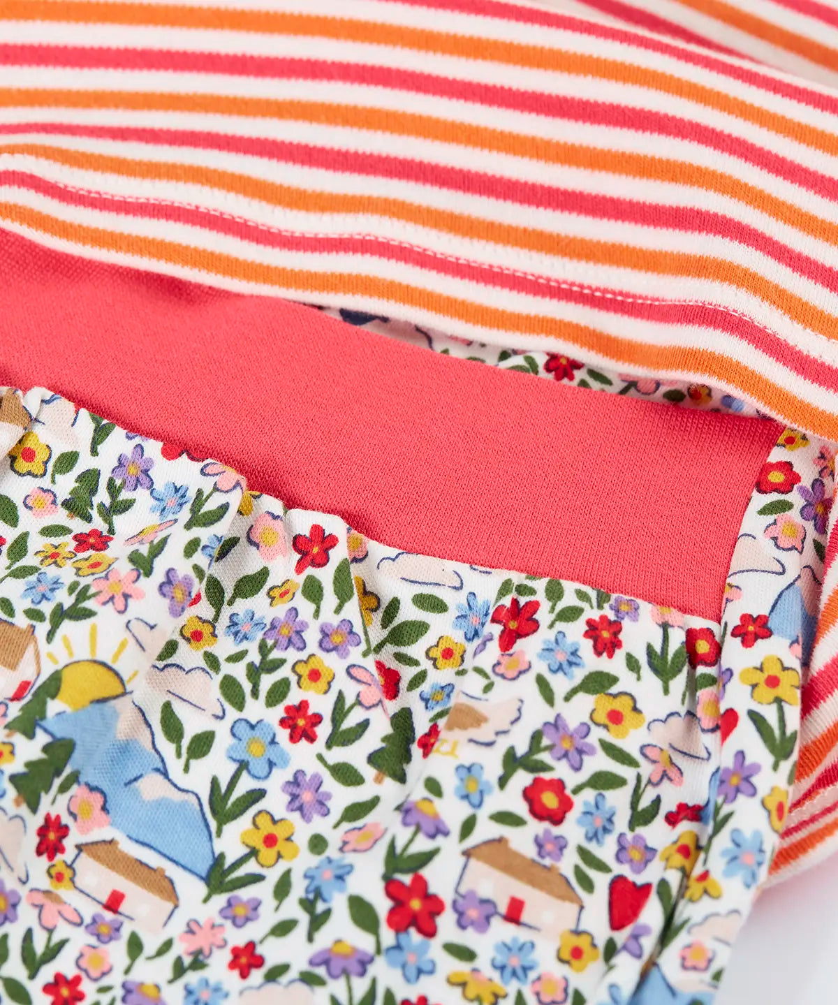 Frugi's baby all in one outfit laid flat showing close up of the pink elasticated waist band on the floral bottoms