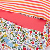 Frugi's baby all in one outfit laid flat showing close up of the pink elasticated waist band on the floral bottoms