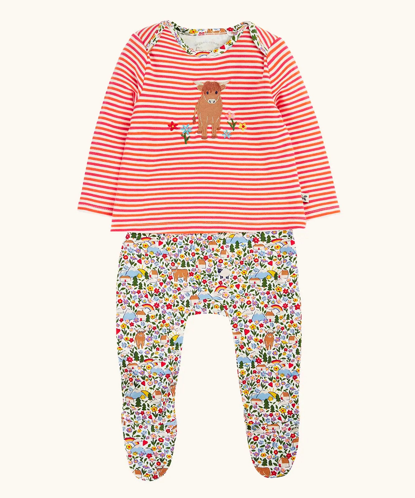 Frugi 100% GOTS organic cotton all in one baby outfit including a pink and orange striped long sleeve top with a cute highland cow applique and floral bottoms