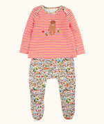 Frugi 100% GOTS organic cotton all in one baby outfit including a pink and orange striped long sleeve top with a cute highland cow applique and floral bottoms