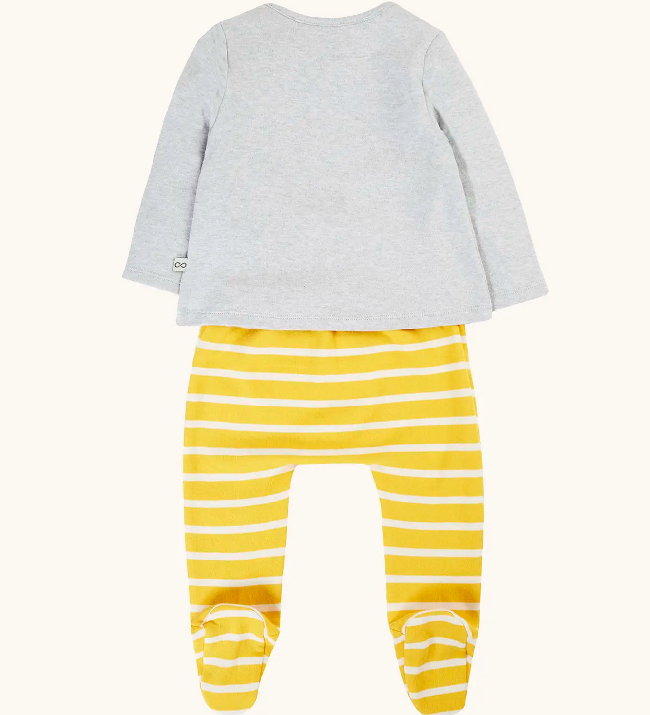 Back of Frugi's 100% GOTS organic cotton all in one baby outfit showing the grey long sleeve top and the yellow and white striped bottoms