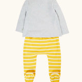 Back of Frugi's 100% GOTS organic cotton all in one baby outfit showing the grey long sleeve top and the yellow and white striped bottoms