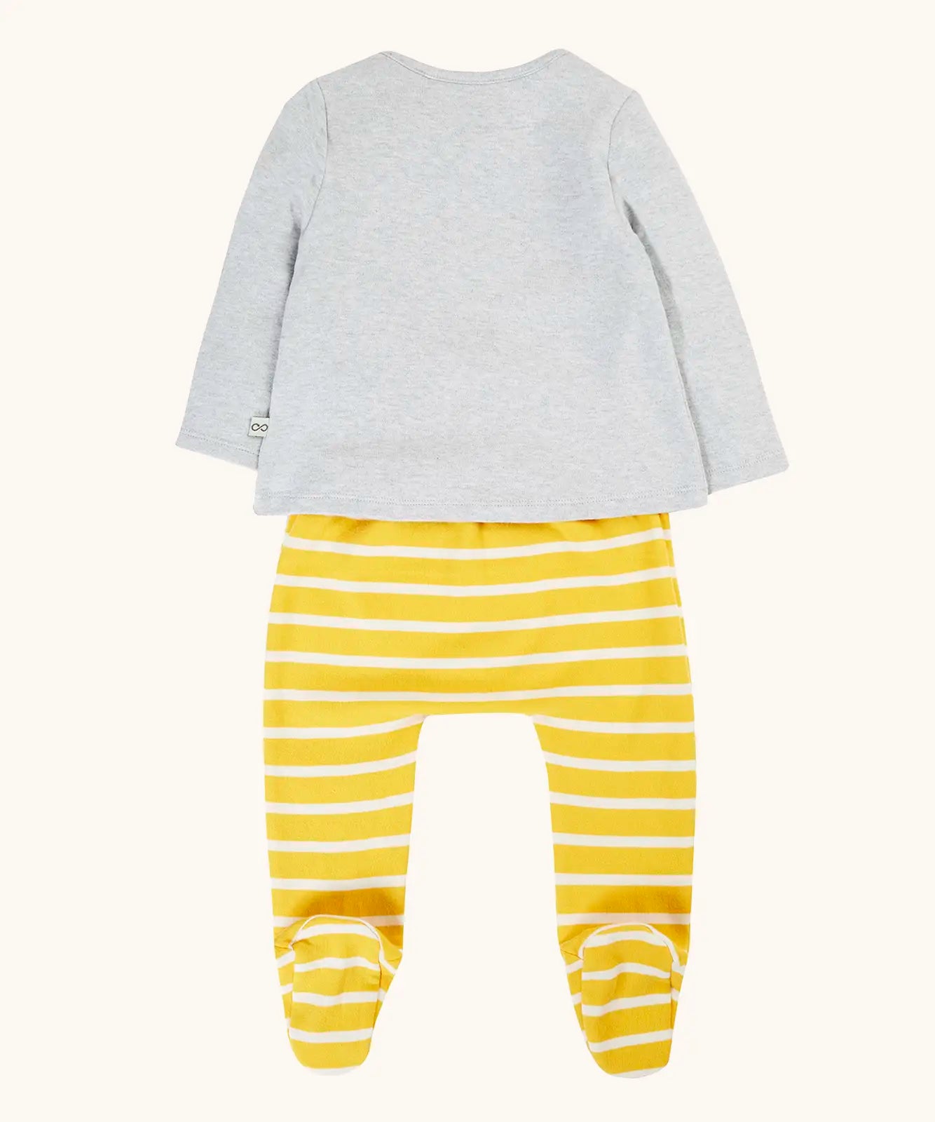 Back of Frugi's 100% GOTS organic cotton all in one baby outfit showing the grey long sleeve top and the yellow and white striped bottoms