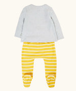 Back of Frugi's 100% GOTS organic cotton all in one baby outfit showing the grey long sleeve top and the yellow and white striped bottoms