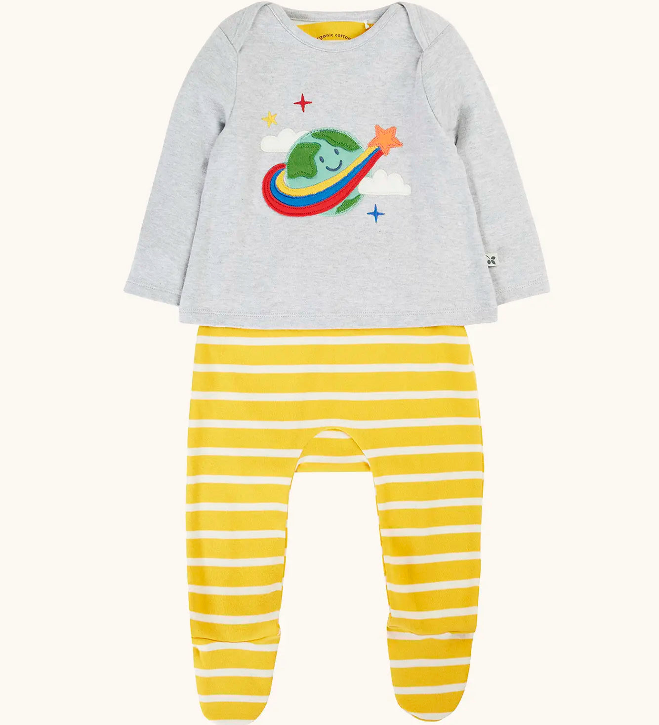 Frugi 100% GOTS organic cotton all in one baby outfit including a grey long sleeve top with a cute planet earth applique yellow and white striped bottoms