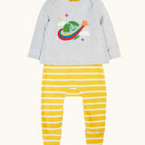 Frugi 100% GOTS organic cotton all in one baby outfit including a grey long sleeve top with a cute planet earth applique yellow and white striped bottoms