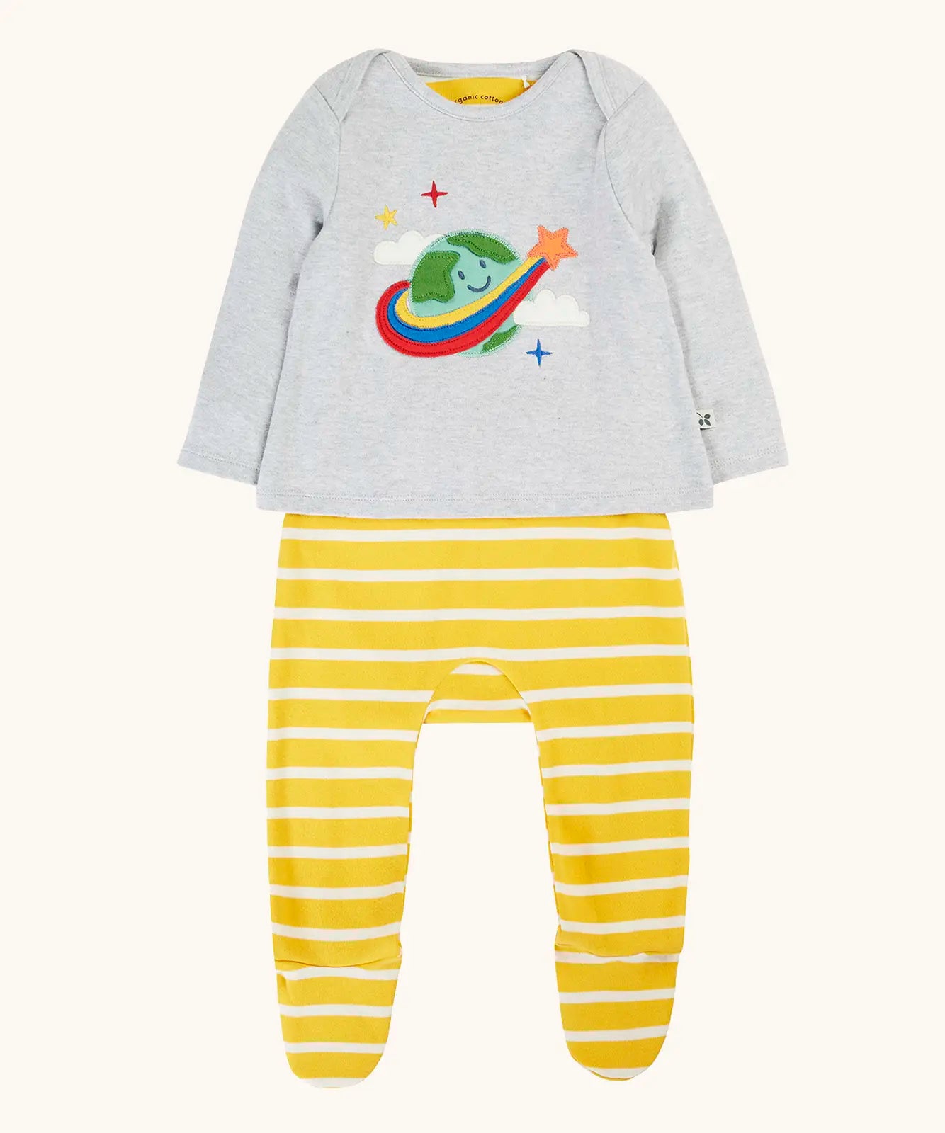 Frugi 100% GOTS organic cotton all in one baby outfit including a grey long sleeve top with a cute planet earth applique yellow and white striped bottoms