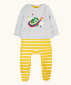 Frugi 100% GOTS organic cotton all in one baby outfit including a grey long sleeve top with a cute planet earth applique yellow and white striped bottoms