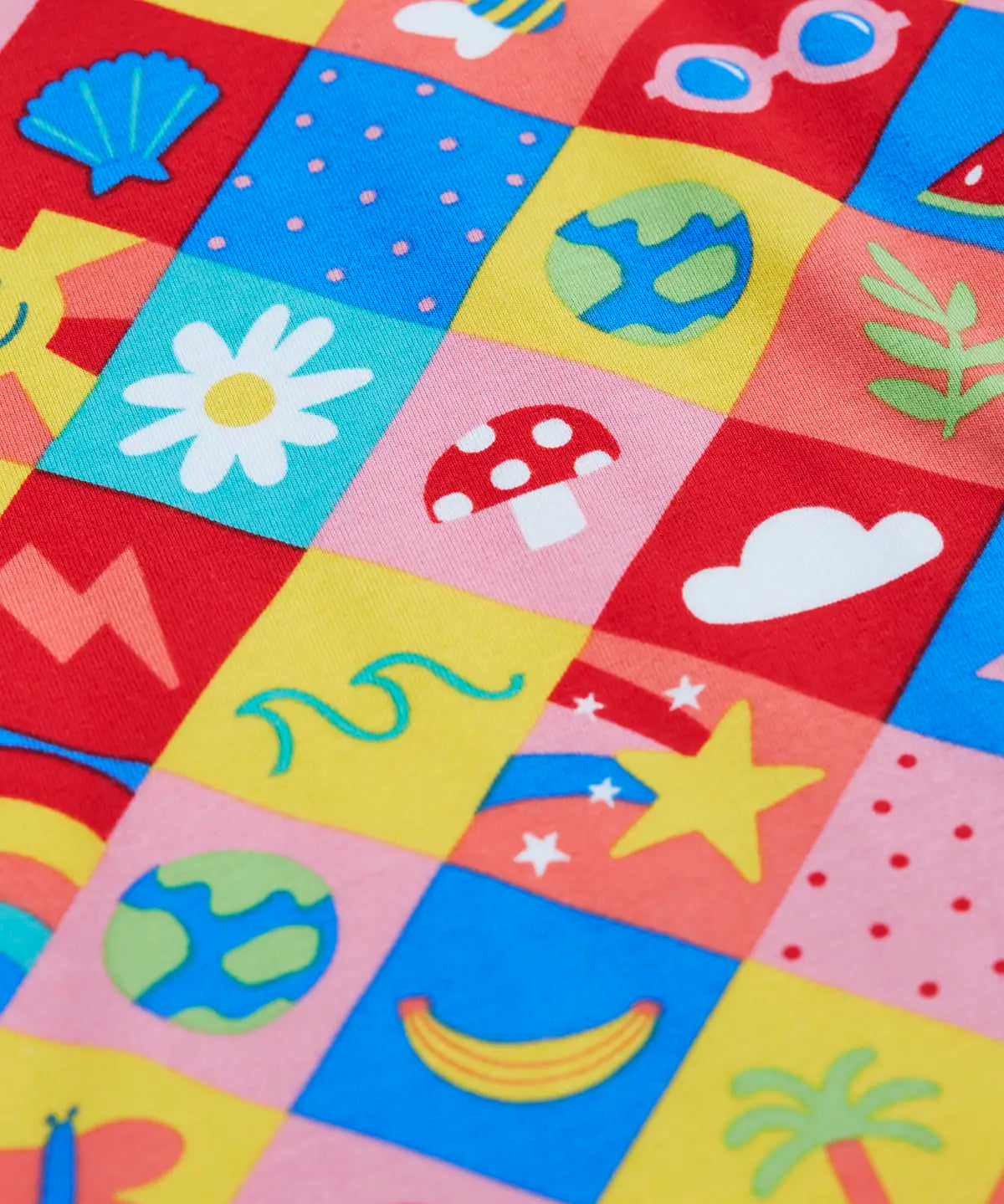 Frugi Bryher Summer favourite things short sleeve t-shirt laid flat showing repeating colourful square design