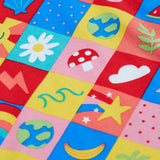 Frugi Bryher Summer favourite things short sleeve t-shirt laid flat showing repeating colourful square design