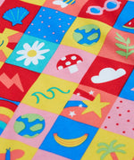 Frugi Bryher Summer favourite things short sleeve t-shirt laid flat showing repeating colourful square design