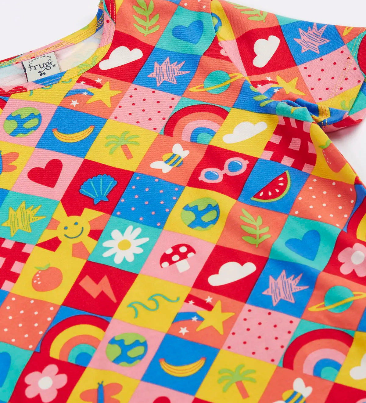 Frugi Bryher Summer favourite things short sleeve t-shirt showing repeating colourful square design