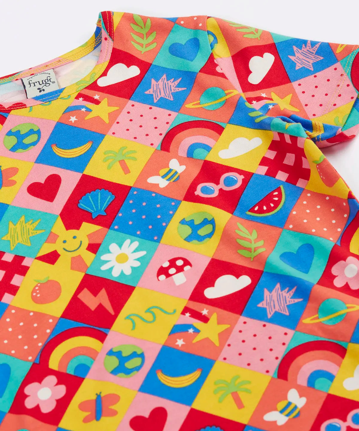 Frugi Bryher Summer favourite things short sleeve t-shirt showing repeating colourful square design