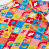 Frugi Bryher Summer favourite things short sleeve t-shirt showing repeating colourful square design