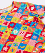 Frugi Bryher Summer favourite things short sleeve t-shirt showing repeating colourful square design