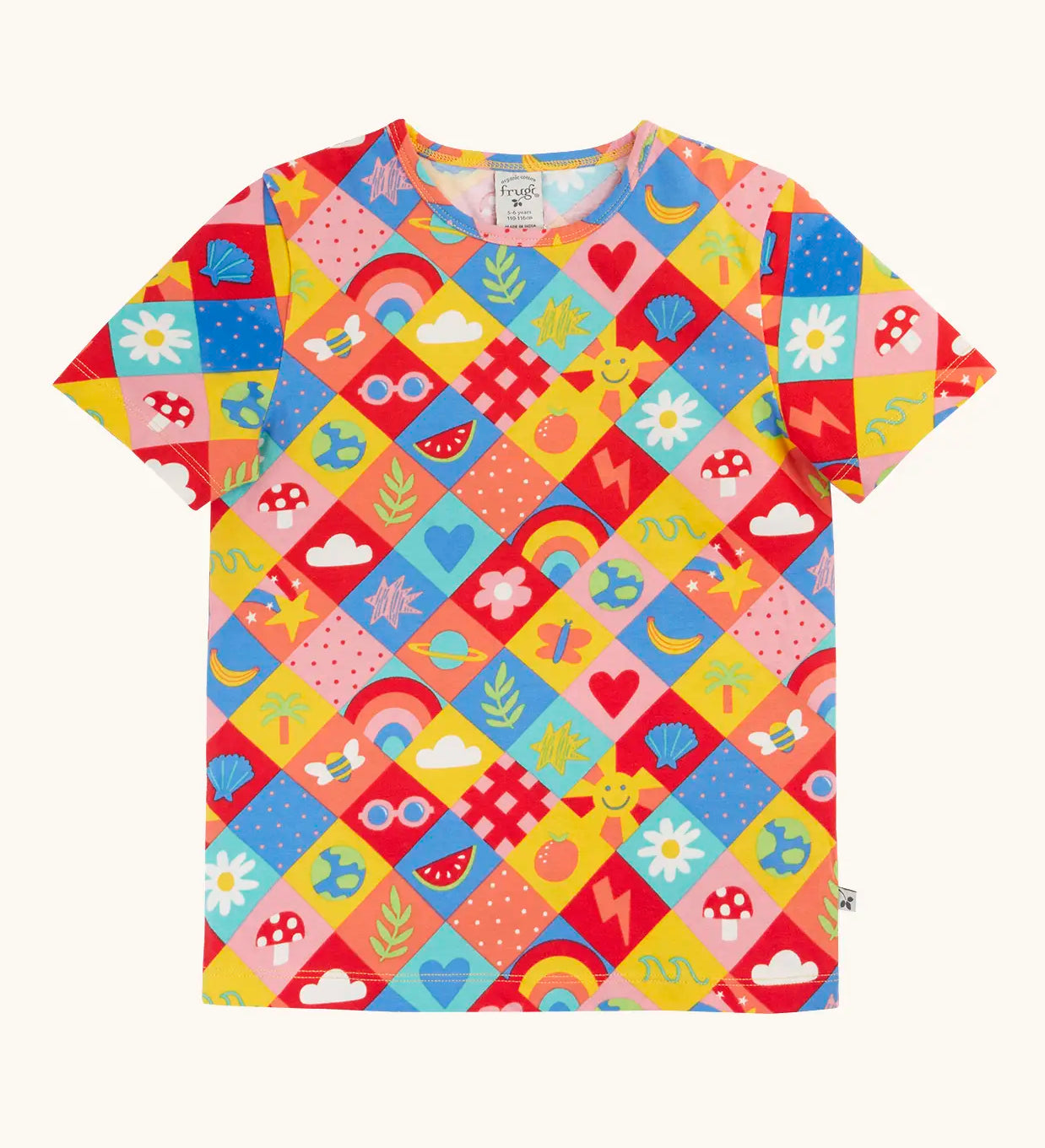 Frugi GOTS organic cotton short sleeve Bryher Summer favourite things t-shirt with a repeating colourful square design