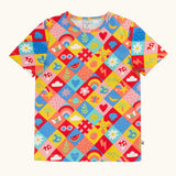 Frugi GOTS organic cotton short sleeve Bryher Summer favourite things t-shirt with a repeating colourful square design