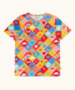 Frugi GOTS organic cotton short sleeve Bryher Summer favourite things t-shirt with a repeating colourful square design
