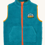 Frugi kids bude borg fleece gilet in boat blue available at Babipur. A 100% recycled polyester thick fleece gilet in turquoise with dark yellow, green, navy and orange trim. features a keep it wild patch, 2 pouch pockets and a full length zip.