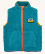 Frugi kids bude borg fleece gilet in boat blue available at Babipur. A 100% recycled polyester thick fleece gilet in turquoise with dark yellow, green, navy and orange trim. features a keep it wild patch, 2 pouch pockets and a full length zip.