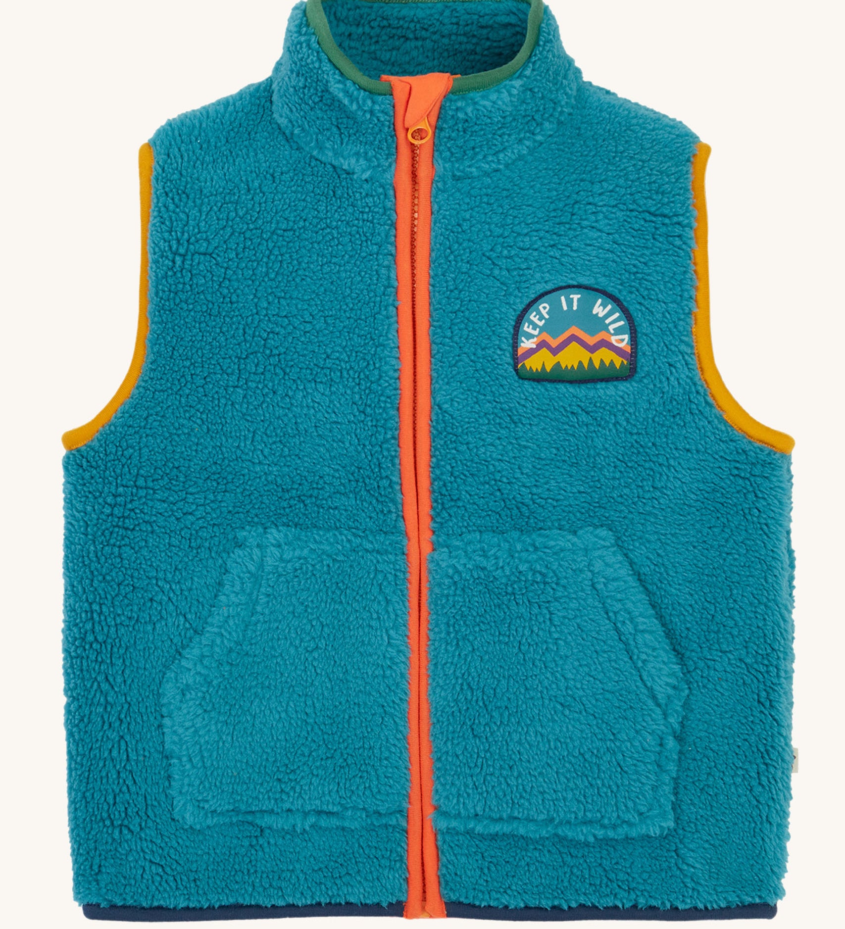 Frugi kids bude borg fleece gilet in boat blue available at Babipur. A 100% recycled polyester thick fleece gilet in turquoise with dark yellow, green, navy and orange trim. features a keep it wild patch, 2 pouch pockets and a full length zip.