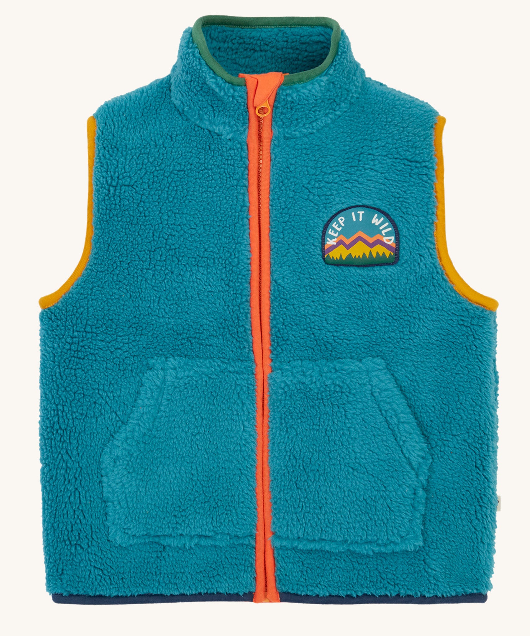 Frugi kids bude borg fleece gilet in boat blue available at Babipur. A 100% recycled polyester thick fleece gilet in turquoise with dark yellow, green, navy and orange trim. features a keep it wild patch, 2 pouch pockets and a full length zip.