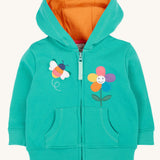 Frugi kids carbis hoodie in dragon/bee available at Babipur. A GOTS organic cotton hoodie in turquoise with a orange inner. Features a full length zip and a playful bee and flower applique on the front with 2 pouch pockets 