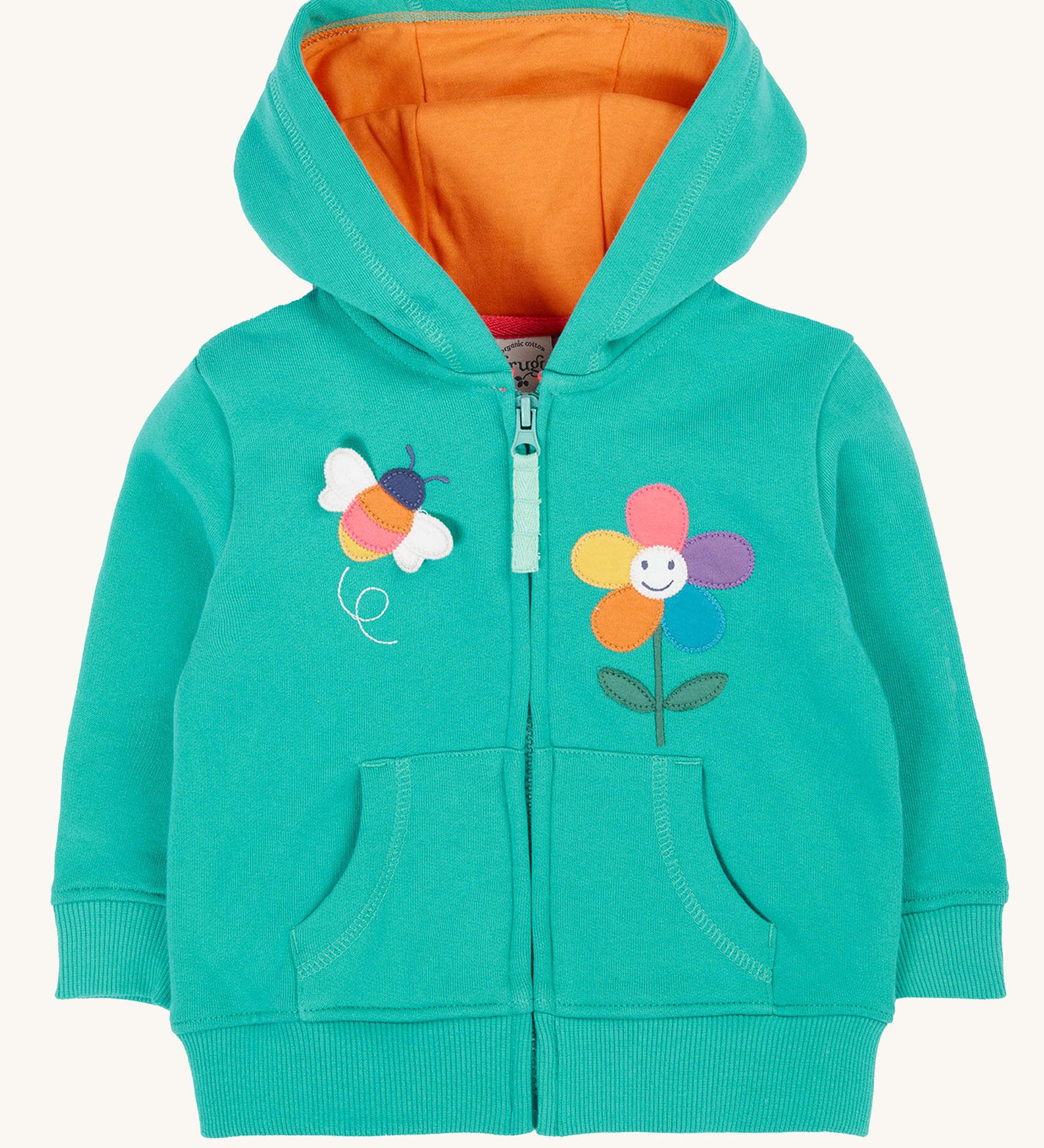 Frugi kids carbis hoodie in dragon/bee available at Babipur. A GOTS organic cotton hoodie in turquoise with a orange inner. Features a full length zip and a playful bee and flower applique on the front with 2 pouch pockets 