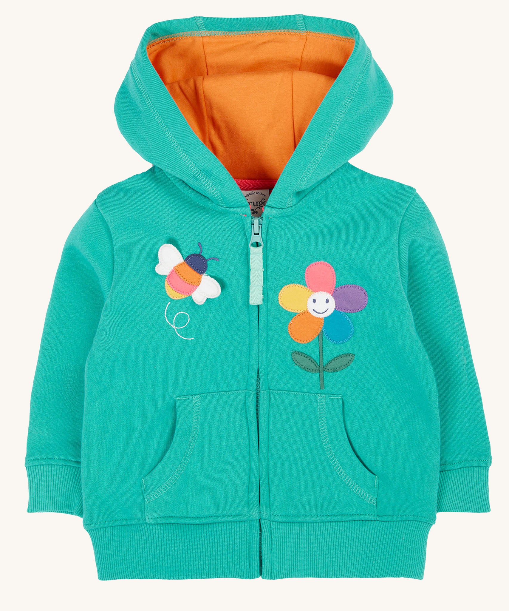 Frugi kids carbis hoodie in dragon/bee available at Babipur. A GOTS organic cotton hoodie in turquoise with a orange inner. Features a full length zip and a playful bee and flower applique on the front with 2 pouch pockets 