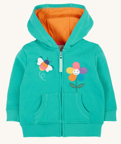Frugi kids carbis hoodie in dragon/bee available at Babipur. A GOTS organic cotton hoodie in turquoise with a orange inner. Features a full length zip and a playful bee and flower applique on the front with 2 pouch pockets 