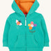 Frugi kids carbis hoodie in dragon/bee available at Babipur. A GOTS organic cotton hoodie in turquoise with a orange inner. Features a full length zip and a playful bee and flower applique on the front with 2 pouch pockets 