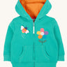 Frugi kids carbis hoodie in dragon/bee available at Babipur. A GOTS organic cotton hoodie in turquoise with a orange inner. Features a full length zip and a playful bee and flower applique on the front with 2 pouch pockets 