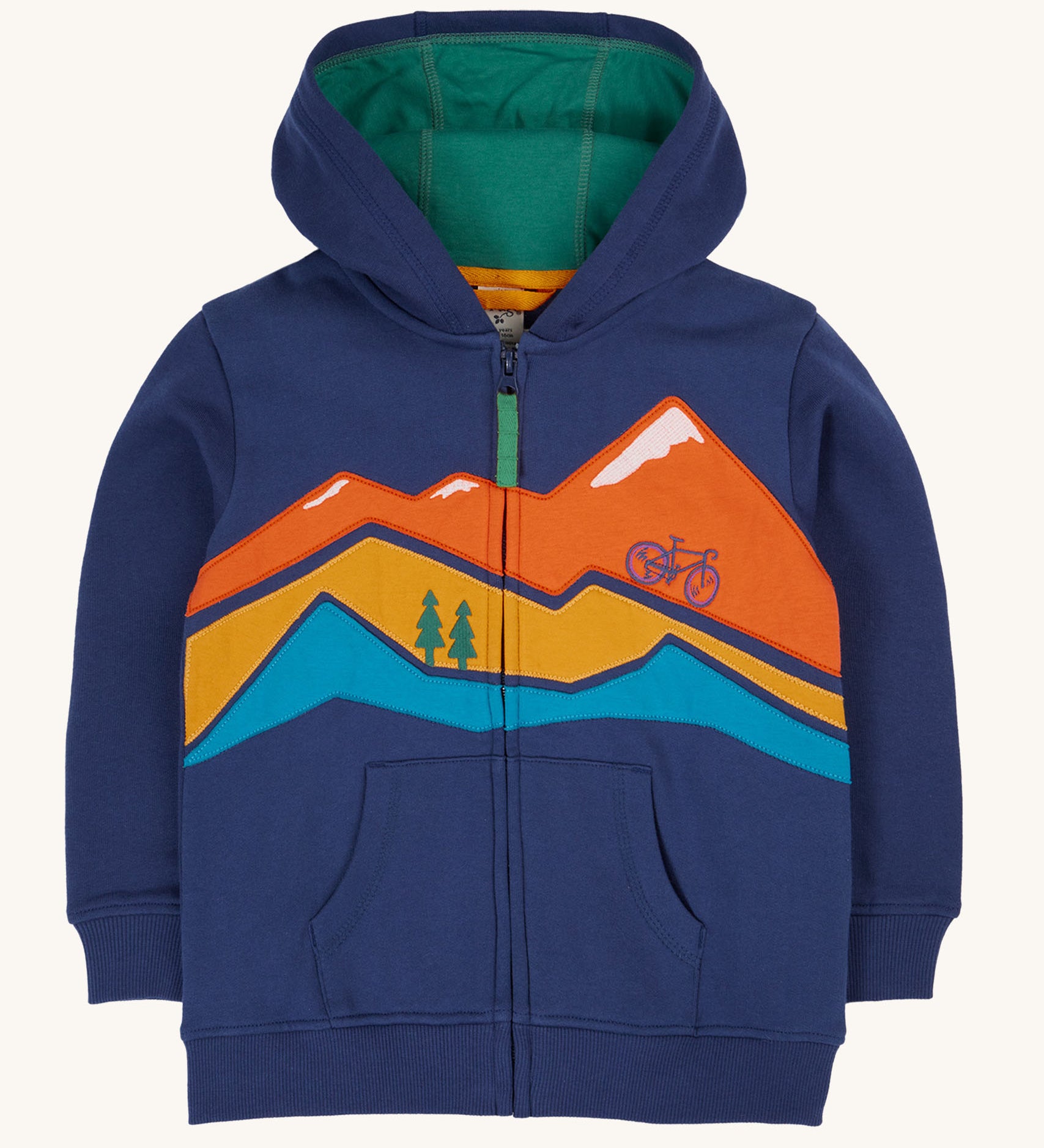 Frugi kids carbis hoodie in navy/blue mountain available at Babipur. A GOTS organic cotton hoodie in navy with a green inner. Features a full length zip and a mountainscape applique on the front with 2 pouch pockets 