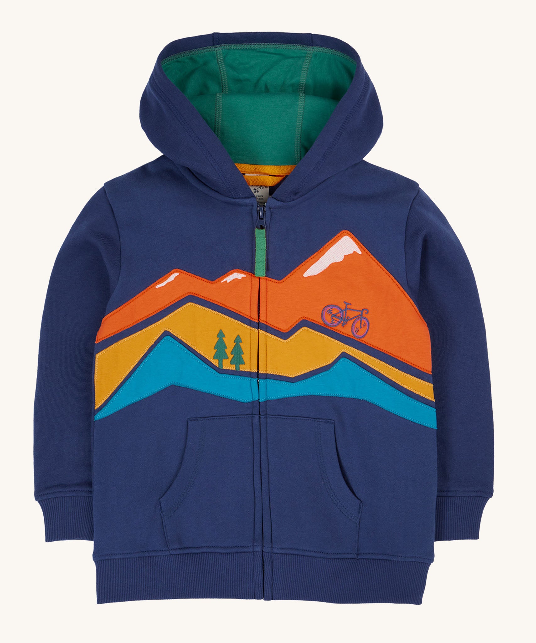 Frugi kids carbis hoodie in navy/blue mountain available at Babipur. A GOTS organic cotton hoodie in navy with a green inner. Features a full length zip and a mountainscape applique on the front with 2 pouch pockets 