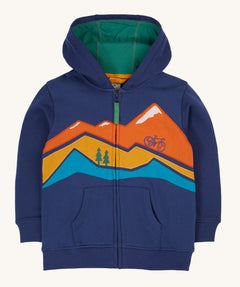 Frugi kids carbis hoodie in navy/blue mountain available at Babipur. A GOTS organic cotton hoodie in navy with a green inner. Features a full length zip and a mountainscape applique on the front with 2 pouch pockets 